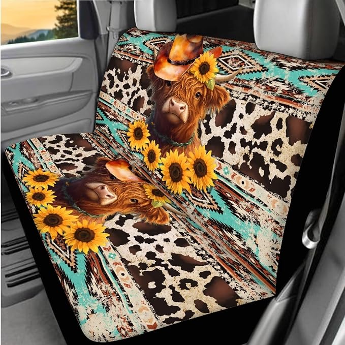 BIGCARJOB Highland Cow Tribal Print Car Seat Covers Set 15 Pieces Seat Headrest Cover Universal Steering Wheel Cover Highland Cow Car Trash Can Hanging Auto Interior Accessories Set
