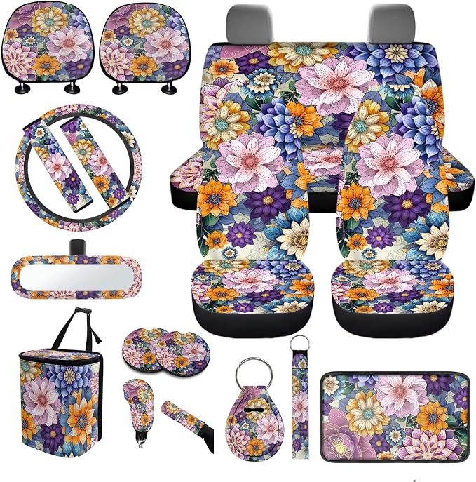 18 Pcs Car Seat Covers Full Sets Mandala Lotus Car Interior Accessories Sets with Hippie Print Steering Wheel Cover Car Headrest Covers Car Trash Can Car Seat Belt Pads Cover for Women