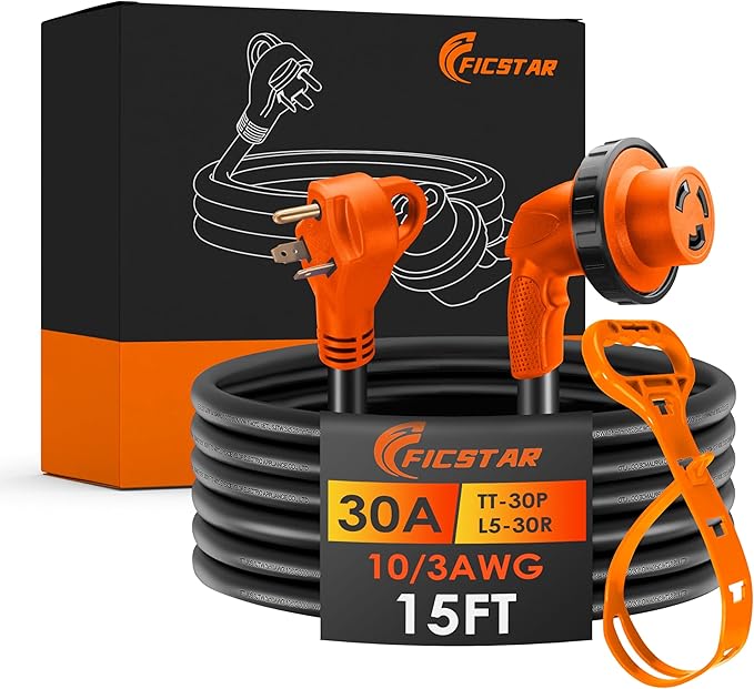 30 Amp RV Extension Cord,15 ft,Heavy Duty Generator Extension Cord with LED Power Indicator,30 AMP Female 90° Twist Lock Adapter with Reverse Polarity Lamp,NEMA TT-30P to L5-30R,120V/125V