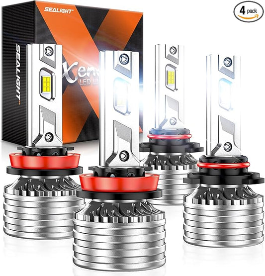 SEALIGHT 9005/HB3 H11/H8 Bulbs Combo, 140000LM Super Bright Adaptive 𝐁𝐞𝐚𝐦, Cool White Light Powersport, 9005 Bulbs with 20,000RPM Turbo Cooling Fan, 10-Year Warranty Plug and Play, Pack of 4