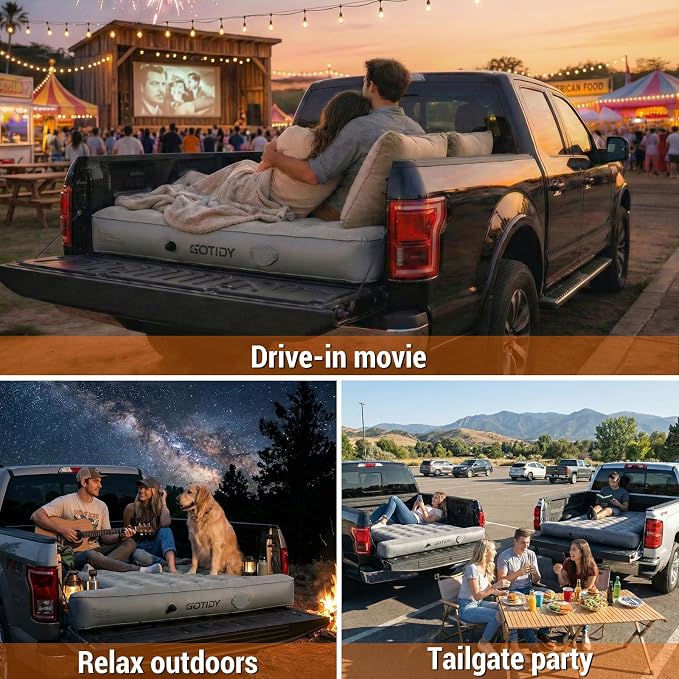Comfortable Fabric Texture Truck Bed Mattress 5.5-5.8ft for Full-Size Pickup, Truck Bed Air Mattress Customized for Tundra/ F150/ Silverado/ Ram1500, with Bult-in-Air Pump,Camping & Road Trip