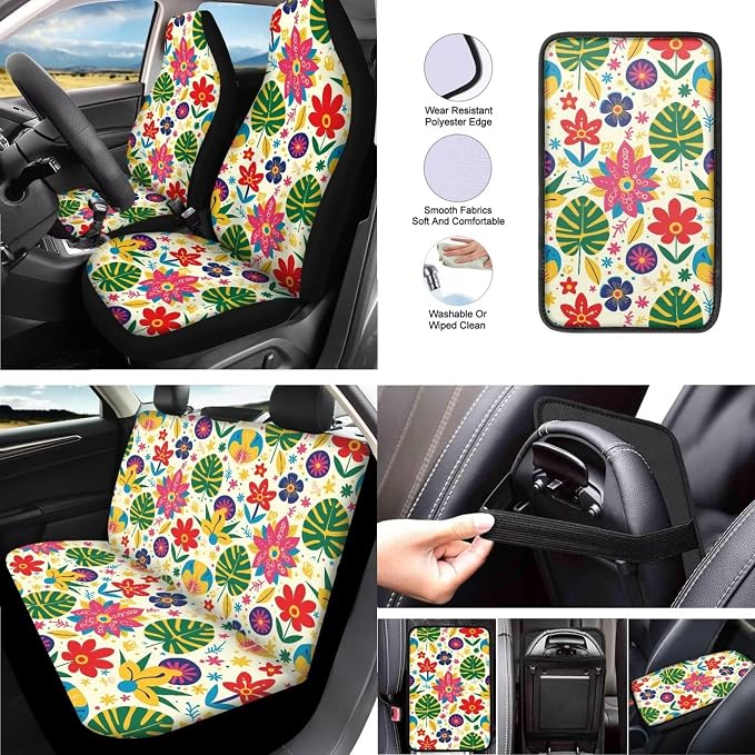 13 PCS Tropical Plant Car Seat Covers, Colorful Island Botanical Front Seat Rear Cover, Hawaii Monstera Hibiscus Auto Armrest Cover Headrest Cover Keychain