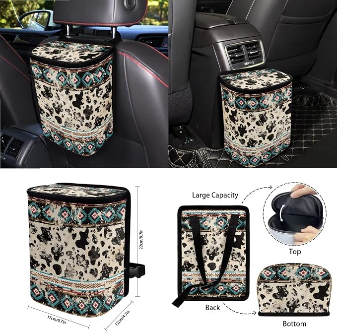 Wanyint Aztec Cow Print Retro 15 PCS Car Accessories, Universal Auto Seat Protector Steering Wheel Cover Seatbelt Strap Pad Trash Can Mount Storage Pocket Cup Holders Rearview Mirror Cover Keychain