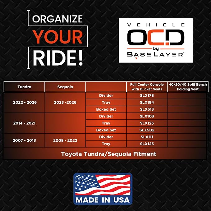 Vehicle OCD - Center Console Organizer for Toyota Tundra (2007-2013) / Sequoia (2008-2022) - Made in USA - SLX111