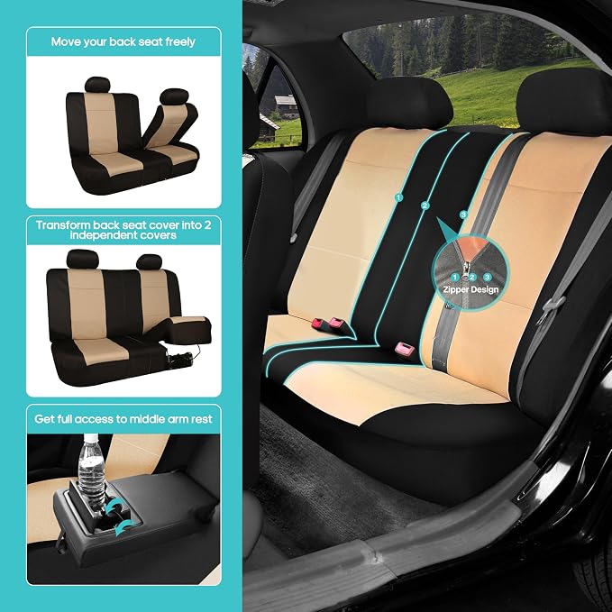 FH Group Waterproof Neoprene Car Seat Covers Full Set – Universal Fit Front & Split Bench Rear Seat Covers, Airbag Compatible Automotive Seat Protectors for Cars, SUVs,Vans, Beige