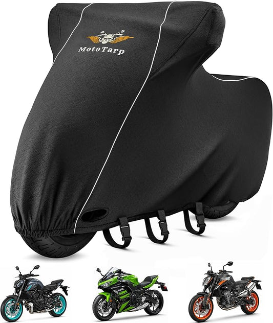 600D Heavy Duty Motorcycle Cover Waterproof Outdoor Storage All-Season Weatherproof Protection with Wheel Lock Slots, Exhaust Heat Shield, Reflective Strips and License Plate Window