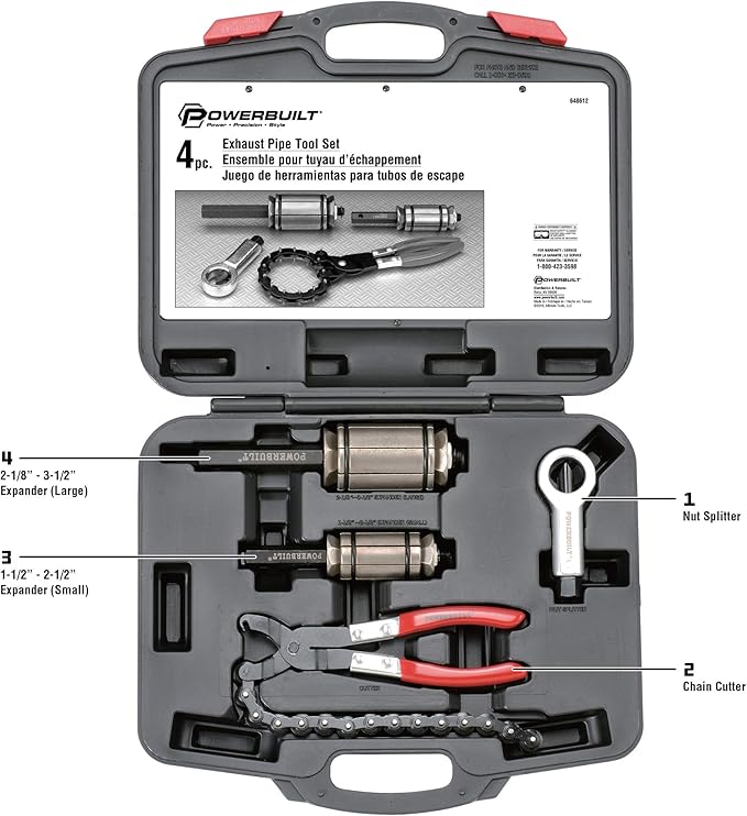 Powerbuilt 4 Piece Exhaust Pipe Tool Set, Repair Tailpipes, Expanders, Removing Dents, Chain Cutter, Nut Splitter, Import and Domestic Vehicles 648612