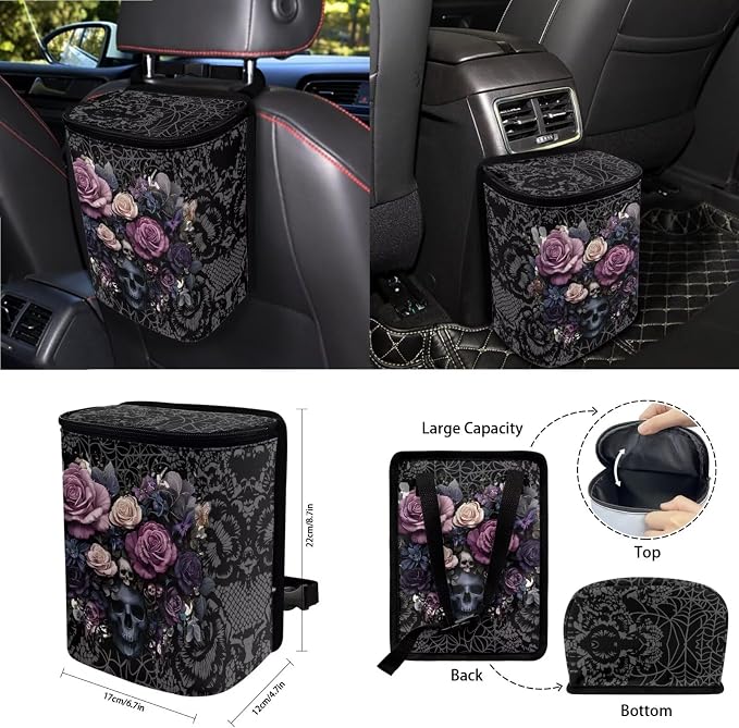 Skull Rose Print Car Seat Covers Full Set with Accessories for Women, Decorative Auto Accessories Include Steering Wheel Cover Safety Belt Pads Rearview Mirror Cover Cup Mats