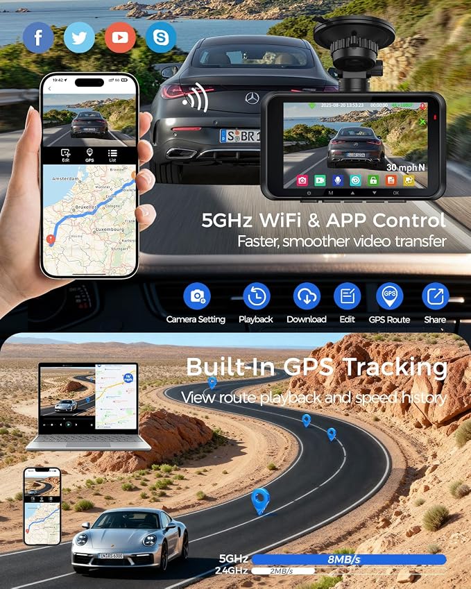 HUPEJOS 4K Dual Dash Cam Front and Rear, Camera for Cars with STARVIS 2 Sensor, 4” Touch Screen Dashboard Camera Built-in 5G WiFi GPS, Free 64GB Card, Voice Control, Night Vision, 24H Parking Mode