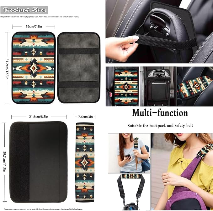 Dreaweet Aztec Car Seat Covers Full Set,Native American Geometric Car Deocr Set of 12,Universal Steering Wheel Cover with Center Console Cover,Cup Coasters,Seatbelt Covers,Gear Shift Handbrake Cover