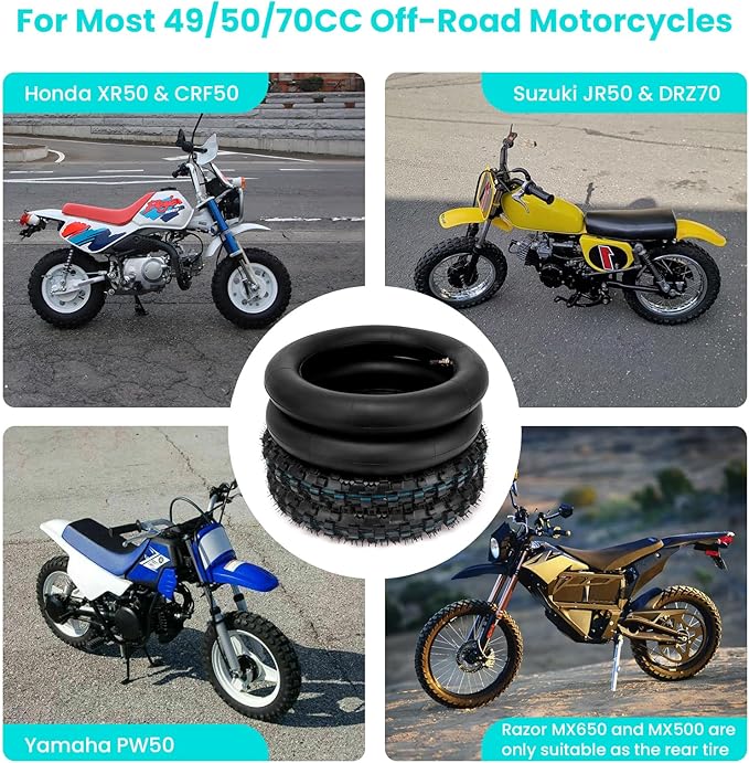 2.5-10" Off-Road Tire and Inner Tube Set, Dirt Bike Tire with 10-Inch Rim and 2.5/2.75-10 Dirt Bike Inner Tube Heavy Duty Compatiblewith Honda CRF50/XR50, Suzuki DRZ70/JR50, PW50(2 Set) ﻿