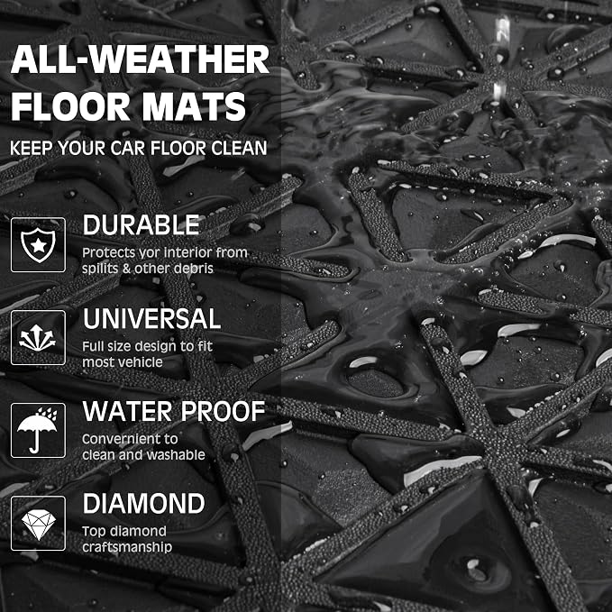 CAR PASS Bling Diamond Car Mats Rubber Floor Mats Full Set Anti-Slip 3D Rhombus Waterproof Trim to Fit Liner Universal Glitter Crystal Sparkly Shining Rhinestone Girl Women SUV Sedan, Silver Diamond