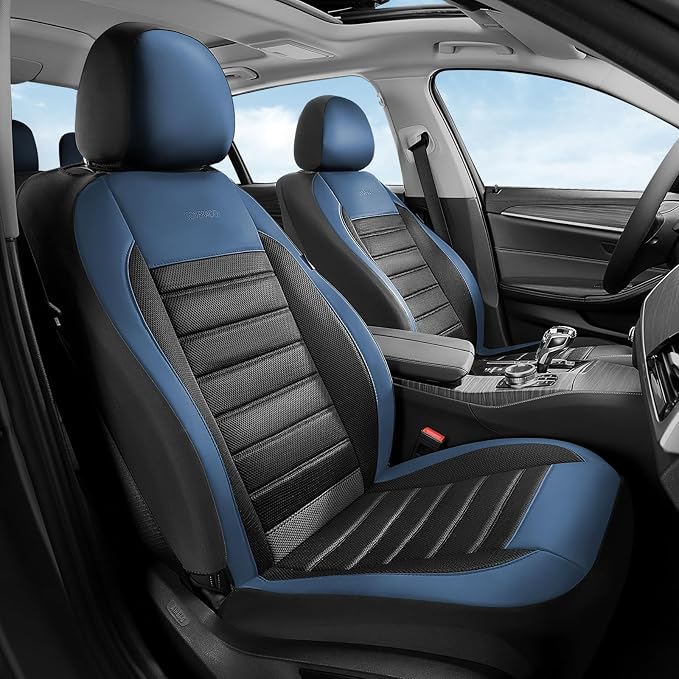 Coverado Car Seat Covers Front Seats, Luxury Leather Car Seat Covers, Automotive Mesh Seat Covers 2 Pack, Airbag-Compatible, Black Blue Seat Covers for SUV Sedan Truck