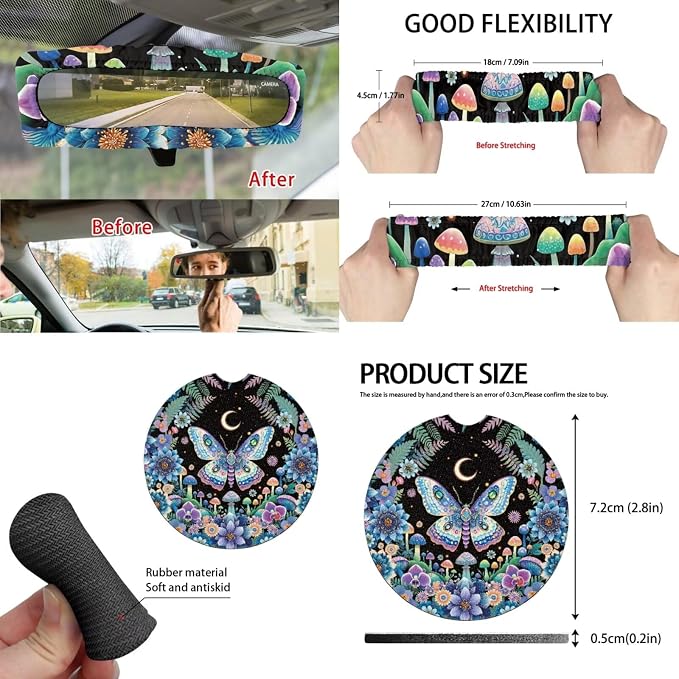 Moon Mushroom Butterfly Car Seat Covers Set of 15 with Universal Steering Wheel Cover, Rearview Mirror Cover, Car Trash Can, Seatbelt Pads, Cup Holder Coasters, Keychains