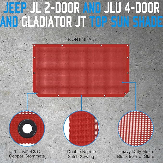 JT JL Top Sun Shade Roof Compatible with Jeep Wrangler and Gladiator 2 or 4 Door 2018 to 2023 Sunshade Sunroof Blocks UV Wind Noise Cherry Red Mesh for Front