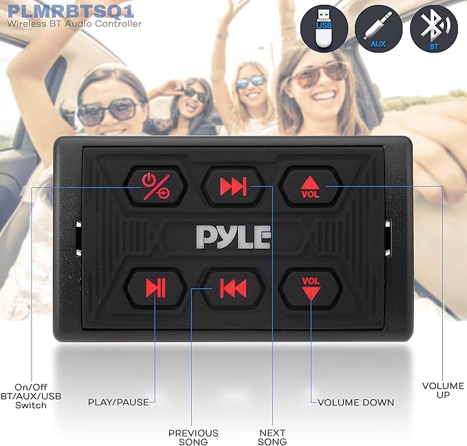 Pyle PLMRBTSQ1 Bluetooth Car Radio, Waterproof Marine Receiver, USB & AUX Inputs, IPX6 Rated, Universal Mounting, Includes 3.5mm Cable, Wireless Range 30ft
