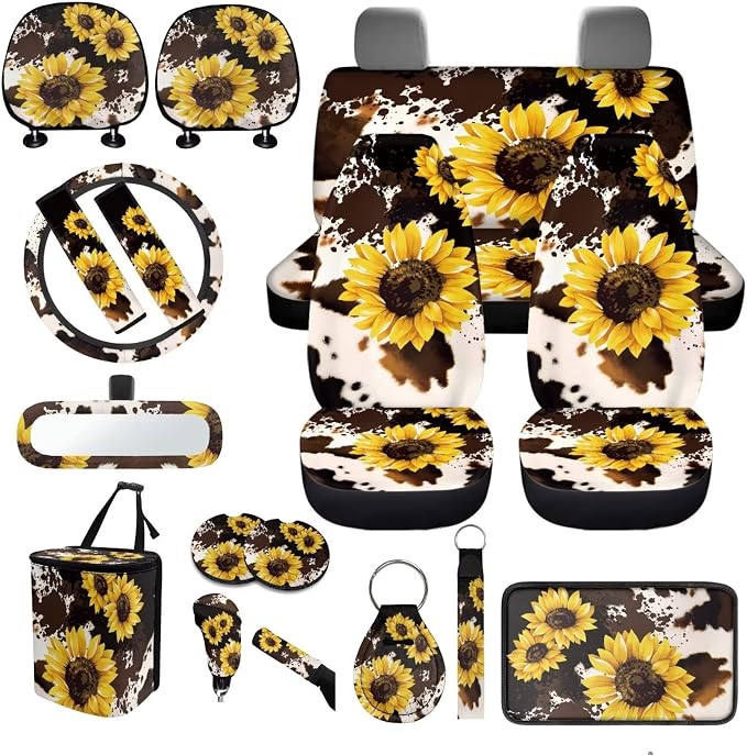 Sunflower Print Car Seat Covers Full Sets 18 Pcs Sunflower Cow Print Car Accessories Set with Steering Wheel Cover Auto Trash Can Car Headrest Covers Belt Pads Cover Armrest Pad,Universal Fit