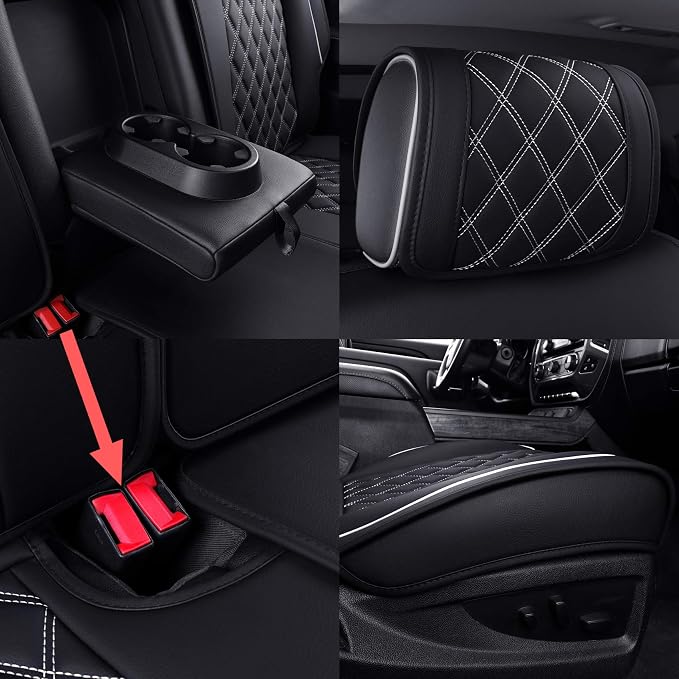Aierxuan Seat Covers for Cars Pickup 2007-2026 GMC Sierra Chevy Chevrolet Silverado 1500 2500HD 3500HD Trail Boss Z71 Crew Double Extended Cab Waterproof Leather (Full Set, Black-White)
