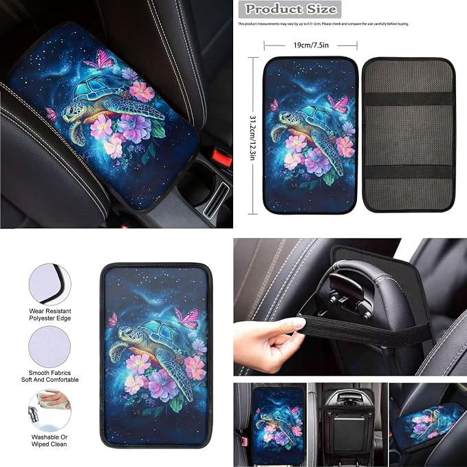 8 Pcs Sea Turtle Butterfly Car Interior Accessories Set for Women, Car Seat Covers Full Set with Auto Steering Wheel Cover, Auto Center Console Pad, Seat Belt Pads