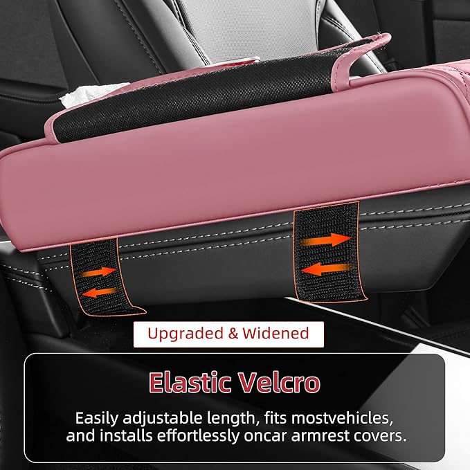 5 in 1 Nappa Leather Console Armrest Cover, Pink | Built-in cup holder, tissue slot, phone holder & 2 storage pockets, practical car accessories fit SUV sedan truck
