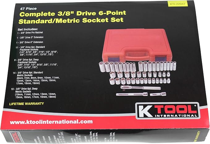 K Tool International 22047 Socket Set with 3/8" Drive for Garages, Repair Shops and DIY, Metric, SAE, 6-Point, Heat-Treated, Chrome Vanadium Steel, Molded Case, Pro-Ratchet, (2) Extensions, 47 Piece