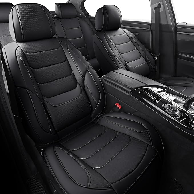 Leather Car Seat Covers Full Set Breathable Automotive Seat Protectors, Waterproof Universal Fit for Most Cars, SUVs, Trucks (Black, Full Set)