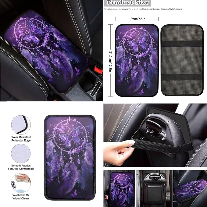 Purple Dream Catcher Butterfly Car Seat Covers Full Set 8 Pcs Car Accessories for Women Front Seat Cover Steering Wheel Armrest Cover Seat Belt Cover for Auto SUV Interior Decoration