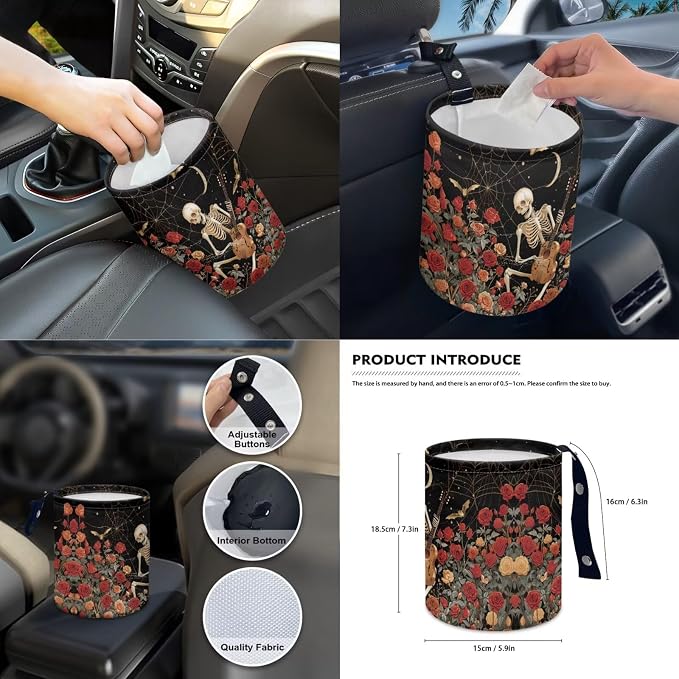 Skeleton Rose Print Full Set Car Seat Covers with Accessories Decorative Front and Rear Split Bench Seat Covers Steering Wheel Cover Armrest Cushion Universal Fit Sedan SUV Truck
