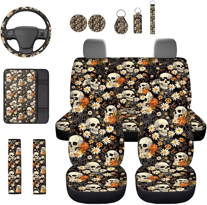 Skull Spider Web 13 Pcs Car Seat Covers with Steering Wheel Cover,Seat Belt Covers Cup Holder with Keychain Automotive Protector Set Unverisal Fit Cars SUV
