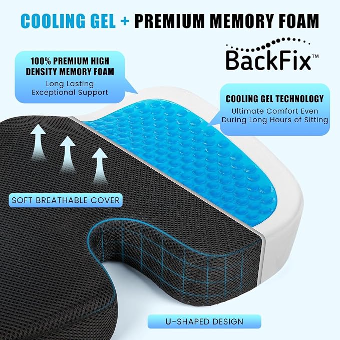 BackFix Extra Thick Cooling Gel Top Orthopedic Doctor Designed Memory Foam Seat Cushion. Extra Thick Pressure Relief for Office Chair, Car Seat. Tailbone Sciatica Pain Relief, Black