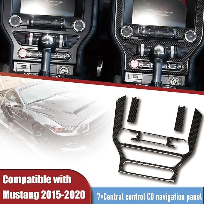 7PCS Real Carbon Fiber Interior Trim Kit Compatible with Ford Mustang 2015-2020, Center Console Navigation CD Panel Cover Decor, 3K Soft Carbon with UV Resin Coating