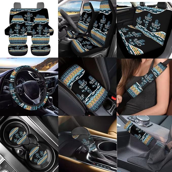 Dreaweet Car Seat Covers Full Set with Steering Wheel Cover Armrest Pad Covers Seat Belt Pads Cup Holders Handbrake Cover Set of 12 Aztec Cactus Car Accessories Interior Universal for SUV Trucks Sedan