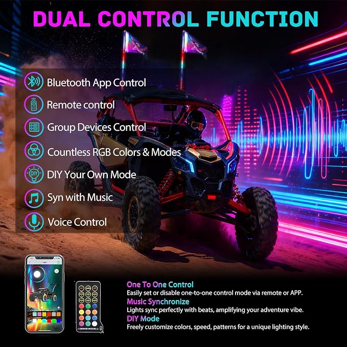 Nilight LED Whip Light 2 PC 5FT COB RGB Spiral Lighted Antenna with Spring Base, Bluetooth App & Remote Control DIY Chasing Patterns & Music Sync Safety Whips for ATV UTV RZR Polaris Can-Am Truck