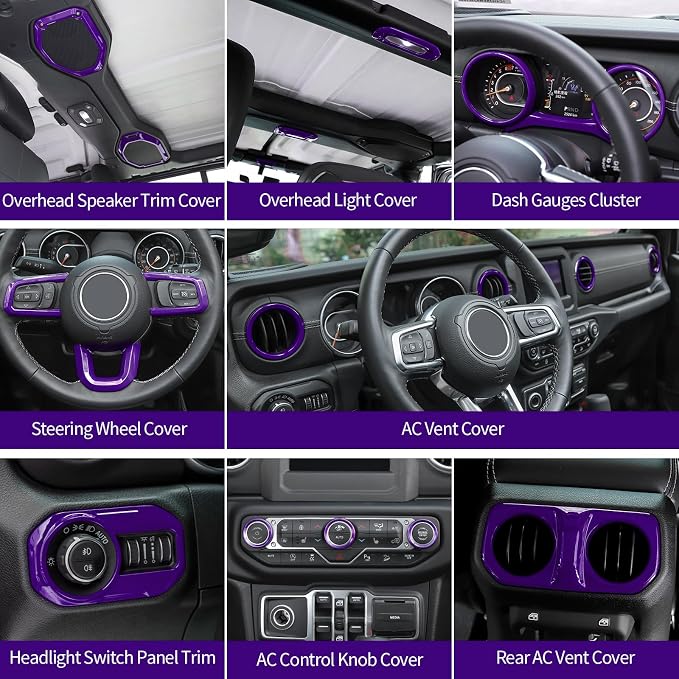 RT-TCZ for Wrangler JL Interior Accessories Purple Trim Cover Kit for Jeep Wrangler JL JLU 2018-2023 Steering Wheel AC Vent Trim Rings 20pcs