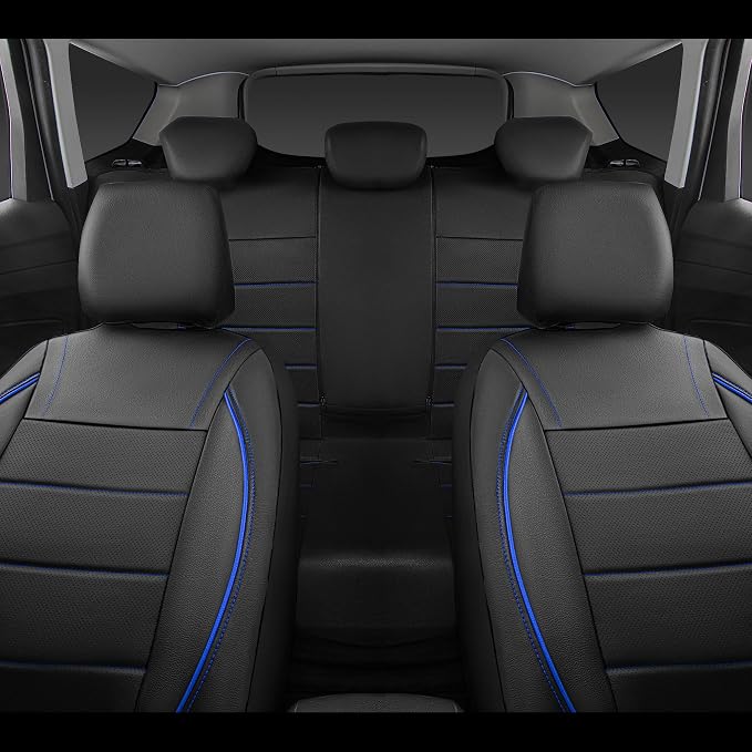 CAR PASS Universal FIT Piping Leather Two Front Seat Covers, Waterproof Faux Leather for SUV Sedan Van Truck, Airbag Compatible,Reserved Opening Holes for Headrest Covers. (Black and Blue)
