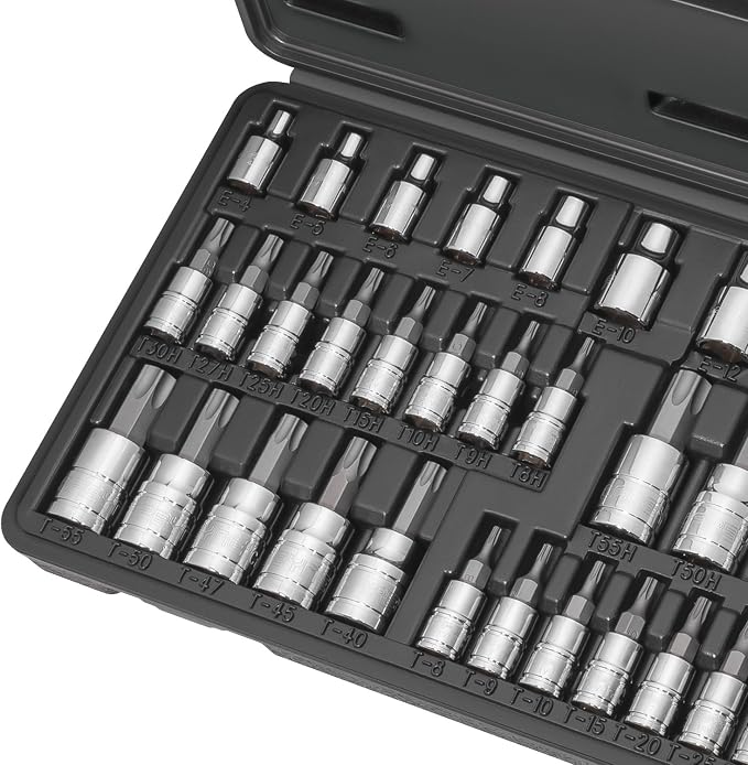 CARBYNE 36-Piece Torx Bit Socket and E-Torx Socket Set, T8 to T60, Tamper-Resistant Security Torx TT8 to TT55, External E4 to E18, S2 Steel Bits, 1/4 in 3/8 in and 1/2 in. Drive, Genuine Licensed Torx