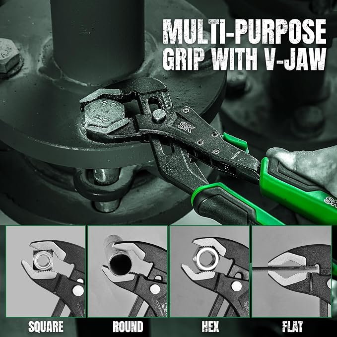 SK 8-Inch Quick Adjust Groove Joint Pliers & 3-Piece Adjustable Wrench Set, 6-Inch, 8-Inch, 10-Inch, Cr-V Steel