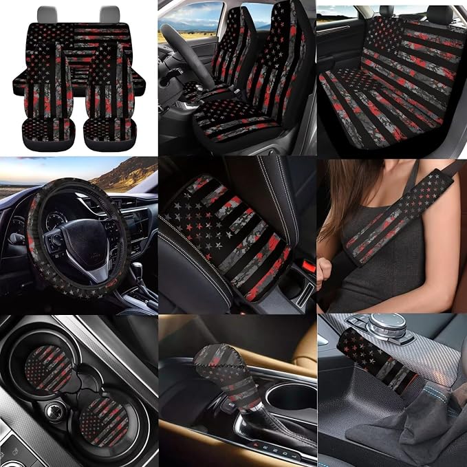 Dreaweet Hunting Camo Car Seat Covers Full Set for Men,Car Steering Wheel Cover,Seat Belt Pads,Armrest Cover,Cup Holder Coasters,Handbrake Cover with Gear Shift Knob Cover,12 Pcs Set