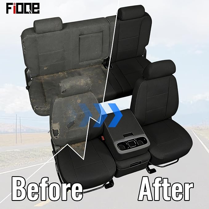 Thick Composite Fabric Front&Rear Seat Covers for Chevy Silverado GMC Sierra 1500 2500HD Crew Cab 2007-2013 Thickened Foam Padding-Black
