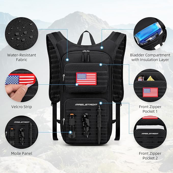 Maelstrom Tactical Hydration Backpack,Water Pack with 2L Water Bladder | BPA-free,MOLLE Compatibility,lightweight,insulated layer, Breathable back panel and shoulder,for running/hunting/cycling