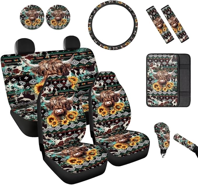 BIGCARJOB Highland Cow Print Seat Covers Full Set for Car Universal Auto Front Rear Seat Protector 12 Pcs Vintage Tribal Cow Print Steering Wheel Covers,Armrest Pads,Seat Belt Pads