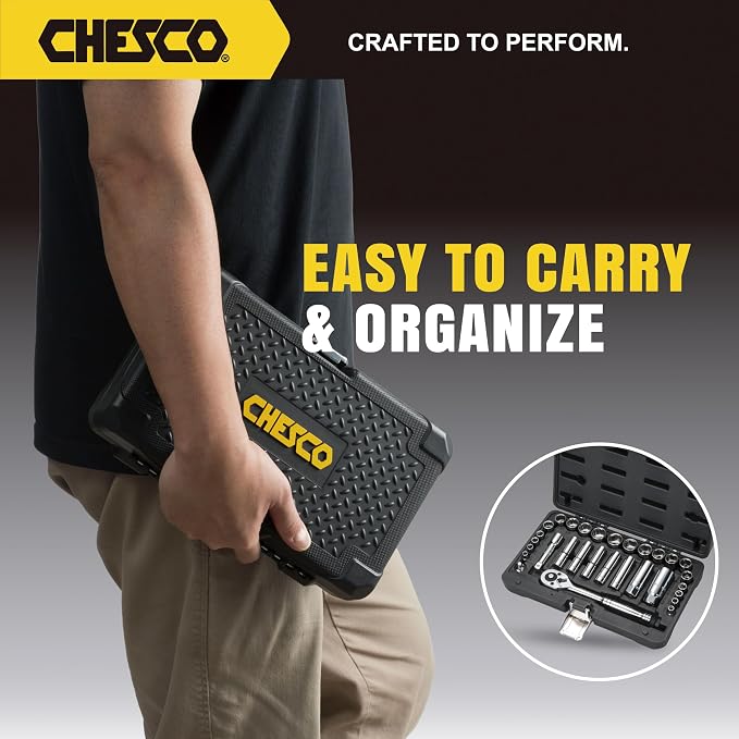 CHESCO 13030 Professional 30 Pieces 1/4" & 3/8" Drive 6 & 12 Pt. Shallow and Deep Socket Set, 72-Tooth Ratchet Mechanism, Extra Spark Plug Sockets and Extension Bar, Metric & SAE