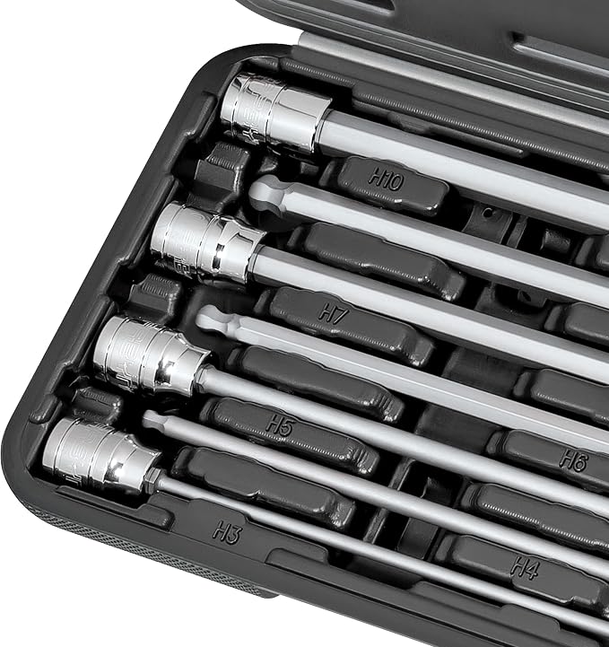 CARBYNE 7-Piece Extra Long Ball End Hex (Allen) Bit Socket Set, Metric 3mm to 10mm, 3/8 in. Drive, S2 Steel, CrV Sockets, Zinc Phosphate Bit Finish, 6.1 in. Length, Durable Case