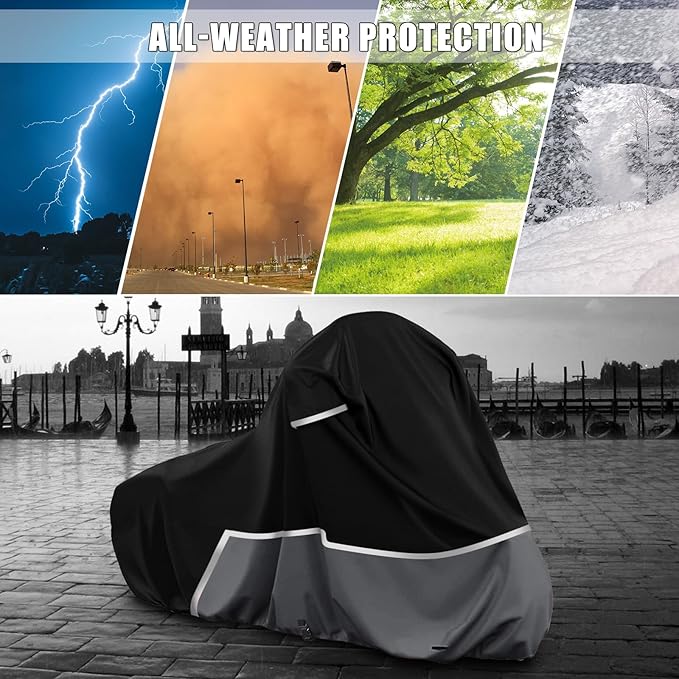 Waterproof Motorcycle Cover Compatible with Harley Davidson Electra Glide/Road King/Street Glide/CVO Road Touring Without Trunk Models, 420D Oxford Cloth Cover for Snow Rain Dust Protection