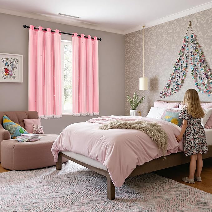 XiDi Pink Curtains with Sheer Overlay for Girls Bedroom 2 Panels Blackout Double Layer Curtains 63 Inches Length for Kids Princess Nursery Room Star Cut Out Home Decor Grommet Window Drapes W52 X L63