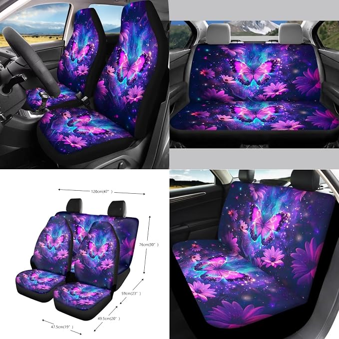 Butterfly Fire Sunflower Print Car 15pcs Accessories, Full Set Seat Covers for Cars Steering Wheel Cover Seat Belt Cover Trash Can Air Vent Pocket Mirror Cover Coasters Universal Fit