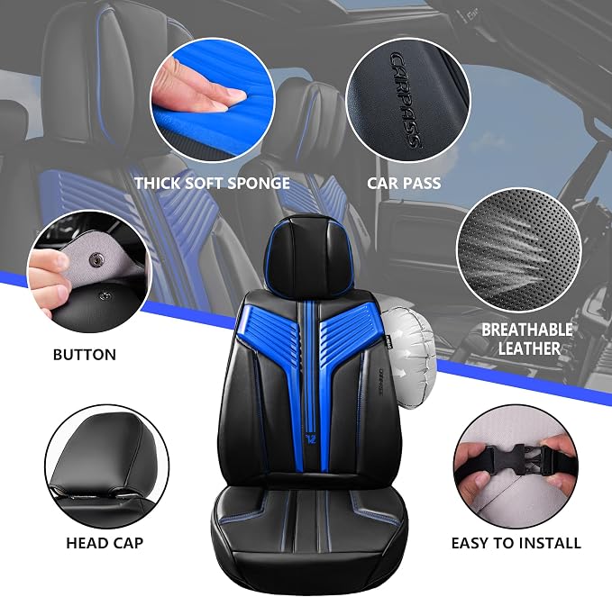 CAR PASS Nappa Leather Seat Covers, Breathable Waterproof Car Seat Covers Full Set, Luxury Leather Front and Back Seats Full Coverage, Universal Fit SUV Pick-up Truck Sedan Automotive(Black Blue)