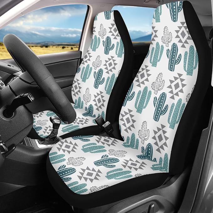Howilath Aztec Ethnic Tribes Cactus Pattern Car Front Seat Cover Accessories 10pcs Center Console Cover and Flower Steering Wheel Covers for Women Men