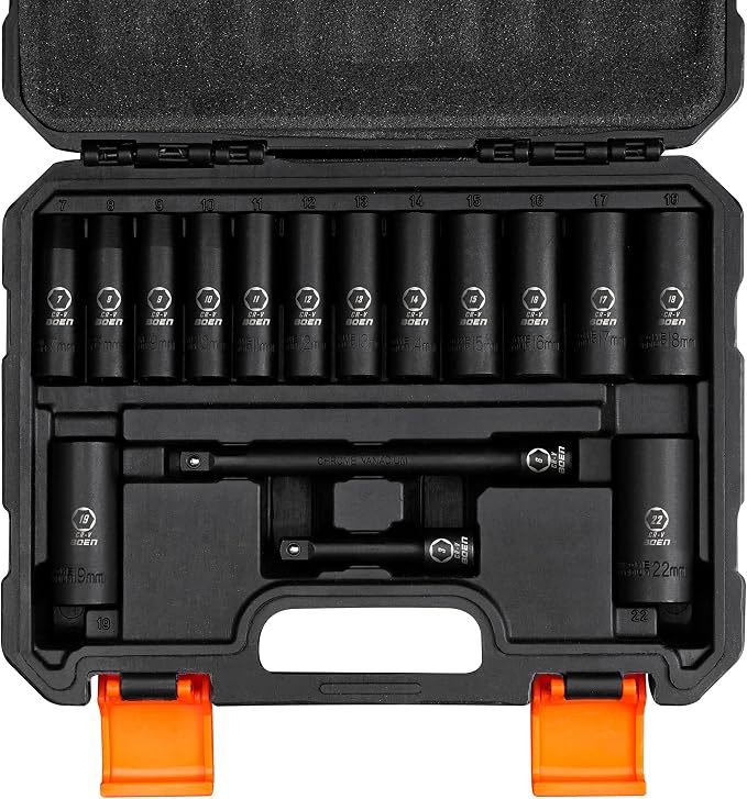 BOEN 31 Piece 3/8" Drive Impact Socket Set | SAE 1/4" to 1"| Metric 7 to 22mm | Includes 3", 6" Extension Bars, 6 Point Design, Cr-V Steel, Heavy Duty Storage Case