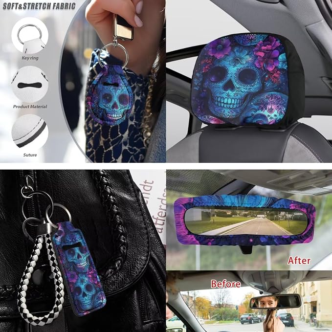 Skull Print Car Seat Cover Full Set with Floral Printed Car Accessories Set Included Car Steering Wheel Cover Seat Belt Protector Armrest Pad Cover Auto Rear View Mirror Protector